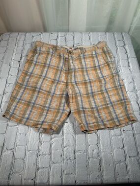 Tommy Bahama Orange Blue & Tan Plaid Linen-Blend Lightweight Shorts size 34